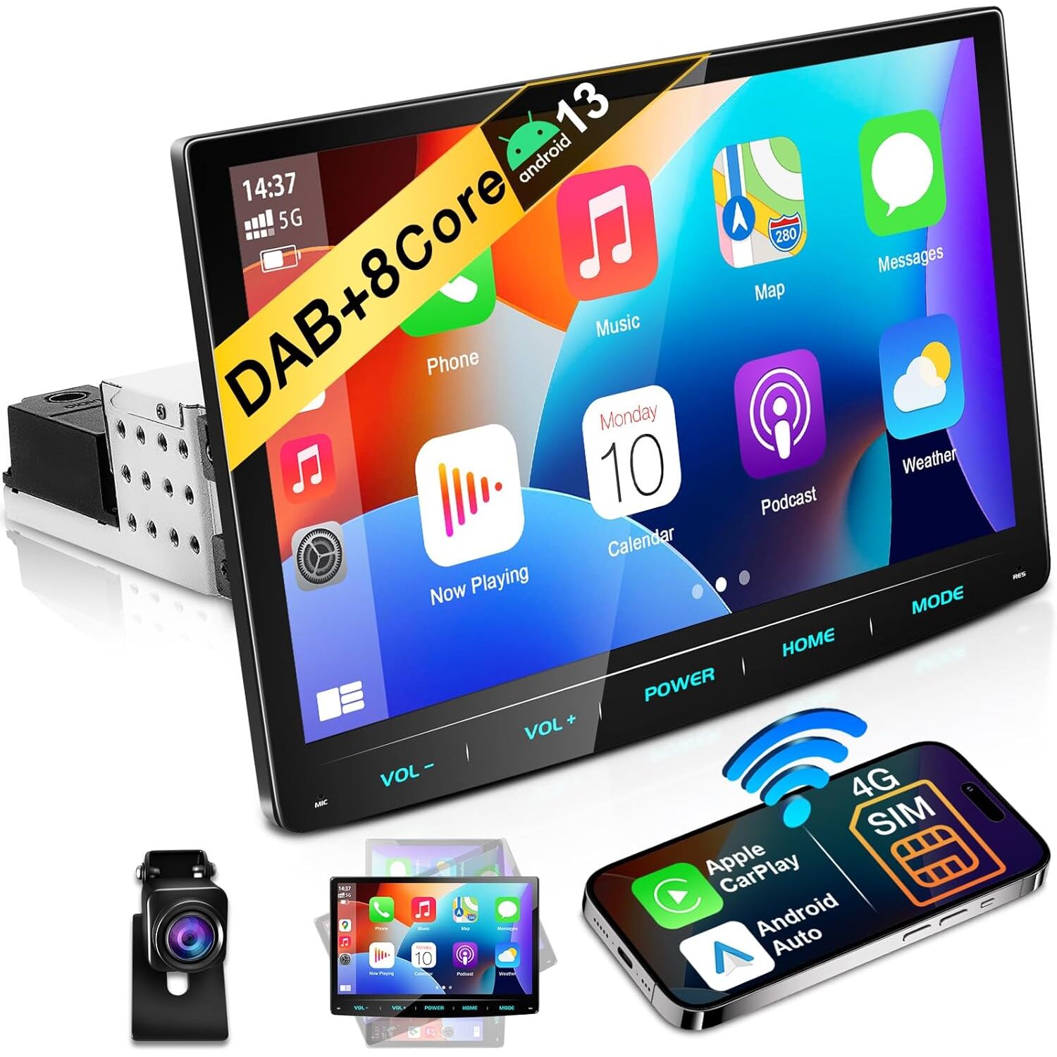 URVOLAX UR90A Autoradio 10,1 Zoll | Android 13, Wireless CarPlay, DAB+, Rückfahrkamera – Ansicht 1 URVOLAX UR90A Autoradio mit 10,1-Zoll-Touchscreen, Rückfahrkamera, Antennen und Adapterkabeln.