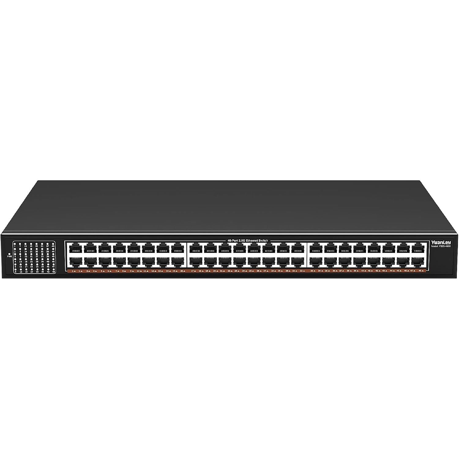 YuanLey YS25-4800-EU 48-Port Switch, 48 x 2,5G Base-T, unmanaged, 19-Zoll-Rack, ohne PoE – Ansicht 1 YuanLey YS25-4800-EU 48-Port 2,5G Switch im schwarzen Metallgehäuse für die 19-Zoll-Rackmontage