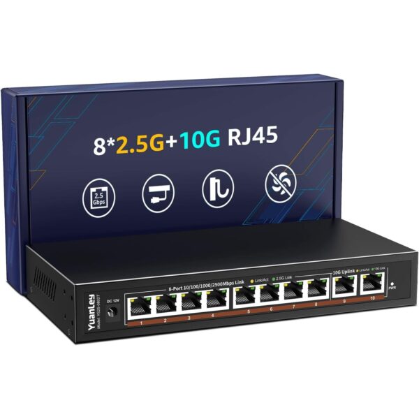 YuanLey YS25-0802T 10-Port Switch mit acht 2,5G-Ports und zwei 10G-RJ45-Ports im lüfterlosen Metallgehäuse