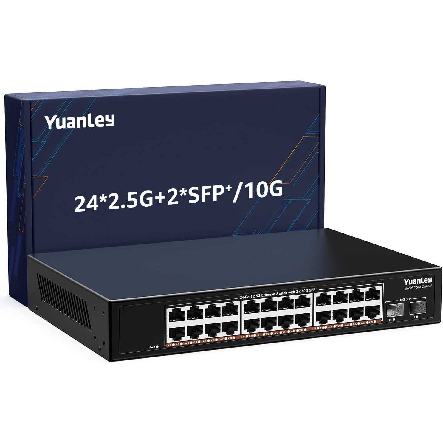 YuanLey YS25-2402-N Netzwerk-Switch 24x 2,5G + 2x 10G SFP+, unmanaged, lüfterlos, 19 Zoll – Ansicht 1 YuanLey YS25-2402-N Netzwerk-Switch mit 24 RJ45-Anschlüssen für 2,5 Gbit/s und zwei SFP+-Steckplätzen im schwarzen Metallgehäuse