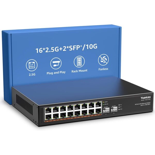 YuanLey YS25-1602 Netzwerk-Switch mit 16 RJ45-Anschlüssen für 2,5 Gbit/s und zwei SFP-Steckplätzen im schwarzen Metallgehäuse
