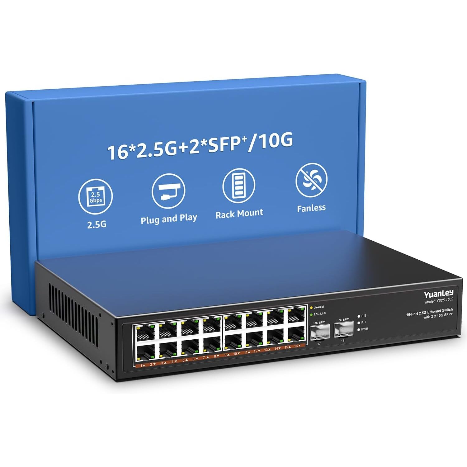 YuanLey YS25-1602 Netzwerk-Switch 16x 2,5G + 2x 10G SFP, unmanaged, lüfterlos, 19 Zoll – Ansicht 1 YuanLey YS25-1602 Netzwerk-Switch mit 16 RJ45-Anschlüssen für 2,5 Gbit/s und zwei SFP-Steckplätzen im schwarzen Metallgehäuse