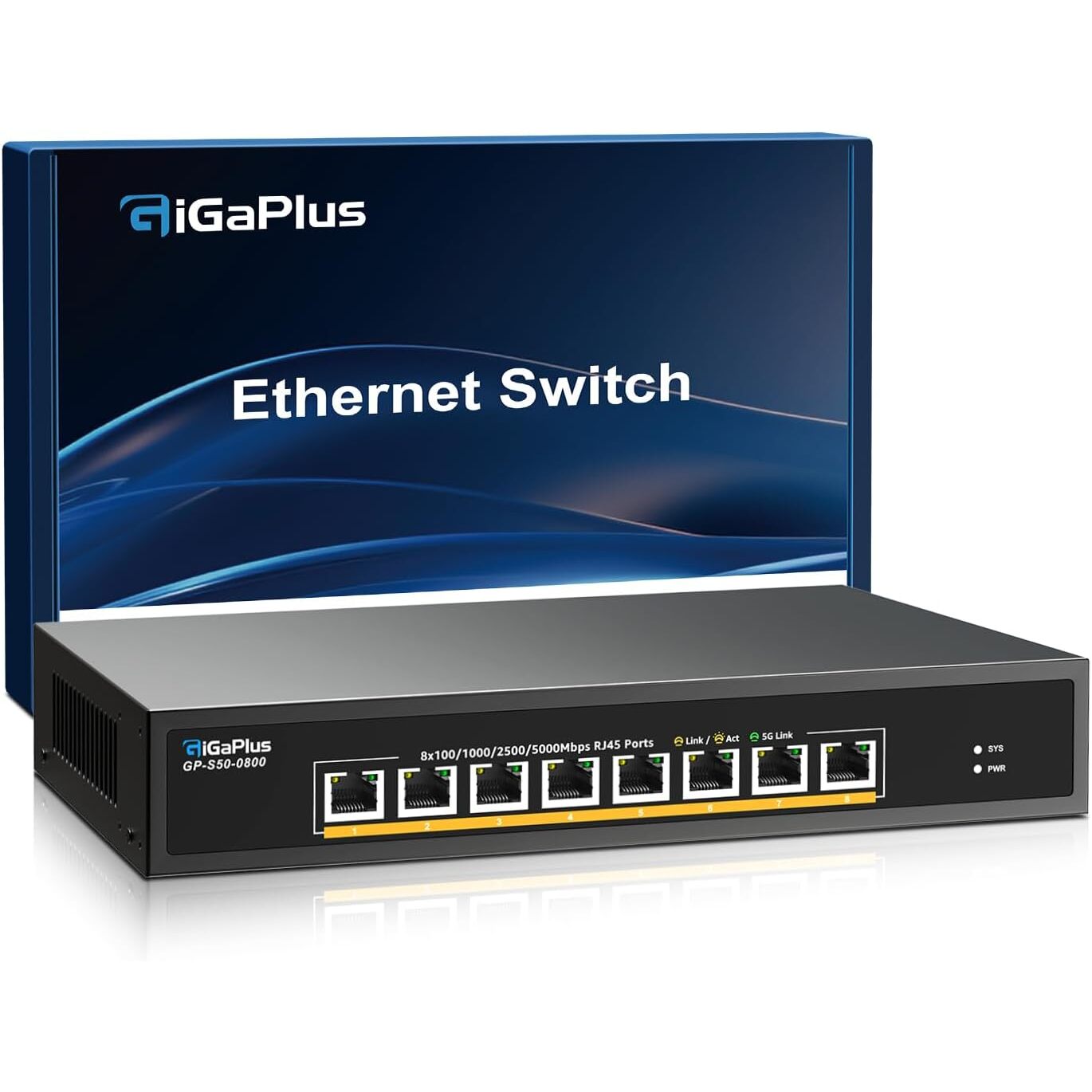 GiGaPlus S50-0800 Netzwerk-Switch 8x 5 Gbit/s RJ45, unmanaged, Desktop oder 19 Zoll – Ansicht 1 GiGaPlus S50-0800 Netzwerk-Switch mit acht RJ45-Anschlüssen für je 5 Gbit/s in schwarzem Gehäuse