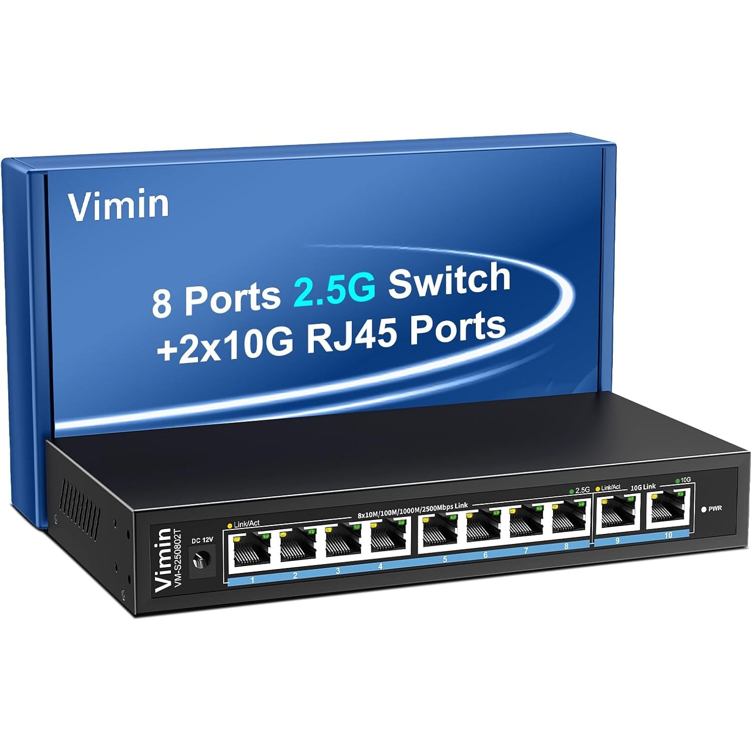 VIMIN VM-S250802T Netzwerk-Switch 8x 2,5G + 2x 10G RJ45, unmanaged, lüfterlos – Ansicht 1 VIMIN VM-S250802T Netzwerk-Switch mit acht 2,5G-Anschlüssen und zwei 10GBASE-T-Anschlüssen in schwarzem Metallgehäuse