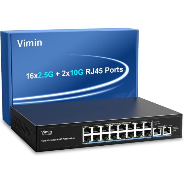 VIMIN VM-S251602T Netzwerk-Switch mit 16 Ports zu 2,5 Gbit/s und zwei 10-Gbit/s-RJ45-Ports im schwarzen Metallgehäuse