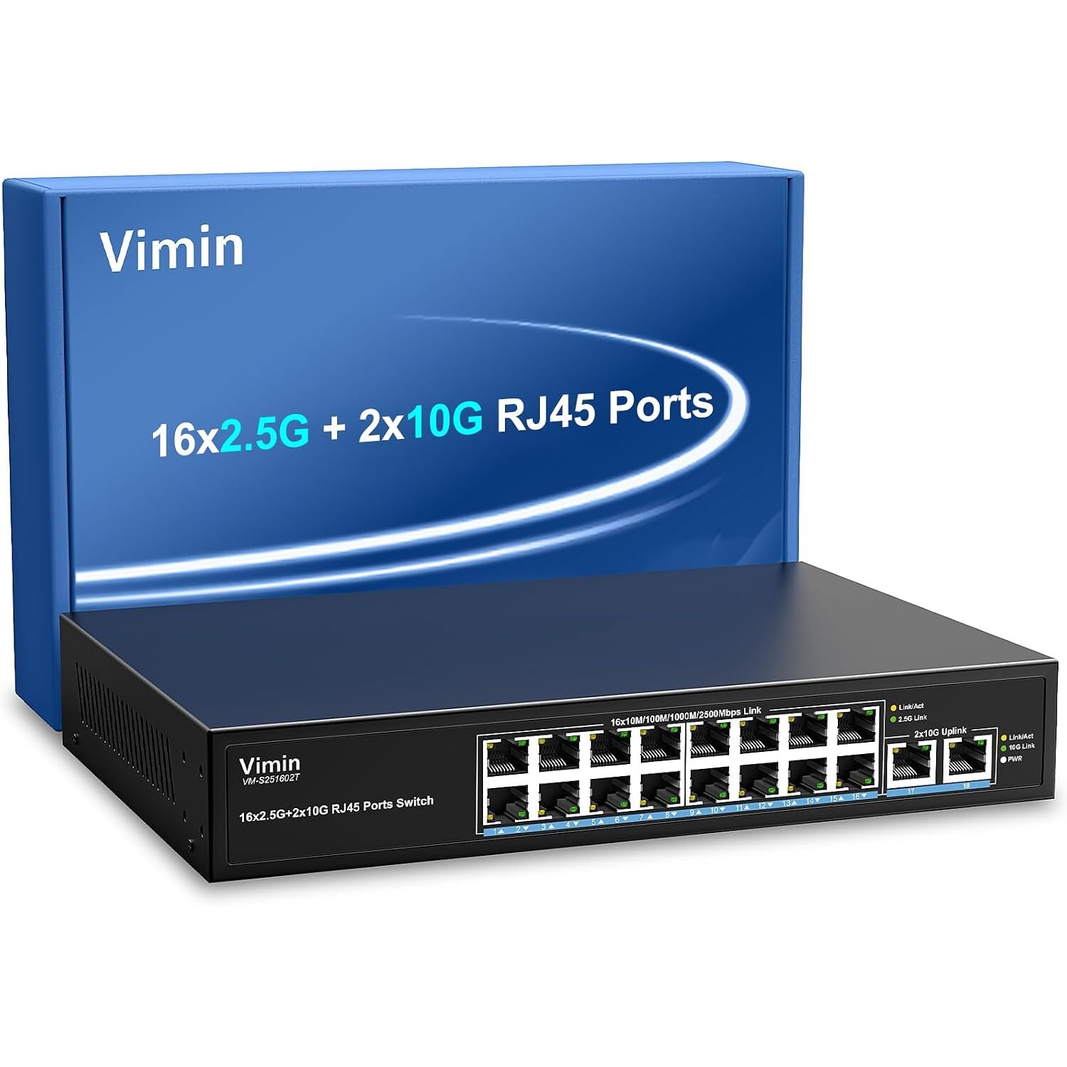 VIMIN VM-S251602T Switch 18 Port: 16x 2,5G RJ45 + 2x 10G RJ45, unmanaged, lüfterlos – Ansicht 1 VIMIN VM-S251602T Netzwerk-Switch mit 16 Ports zu 2,5 Gbit/s und zwei 10-Gbit/s-RJ45-Ports im schwarzen Metallgehäuse