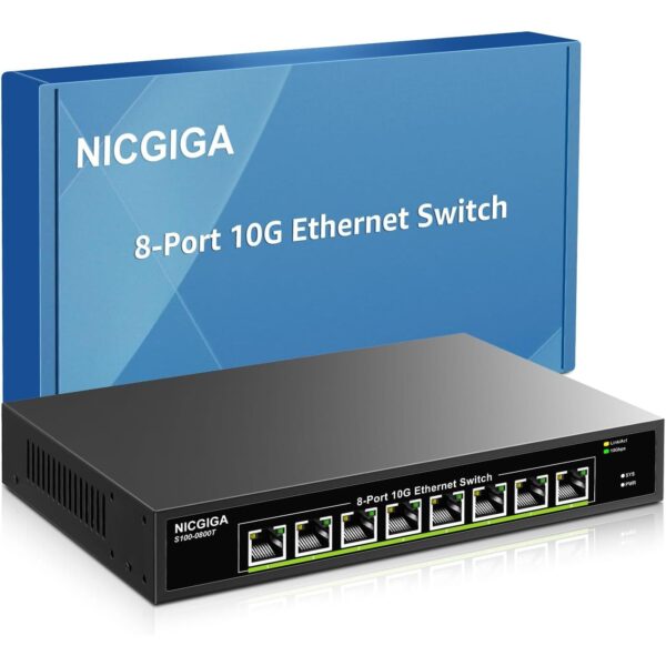 NICGIGA S100-0800T Netzwerk-Switch mit acht 10-Gbit/s-RJ45-Ports im schwarzen Metallgehäuse für die 19-Zoll-Montage