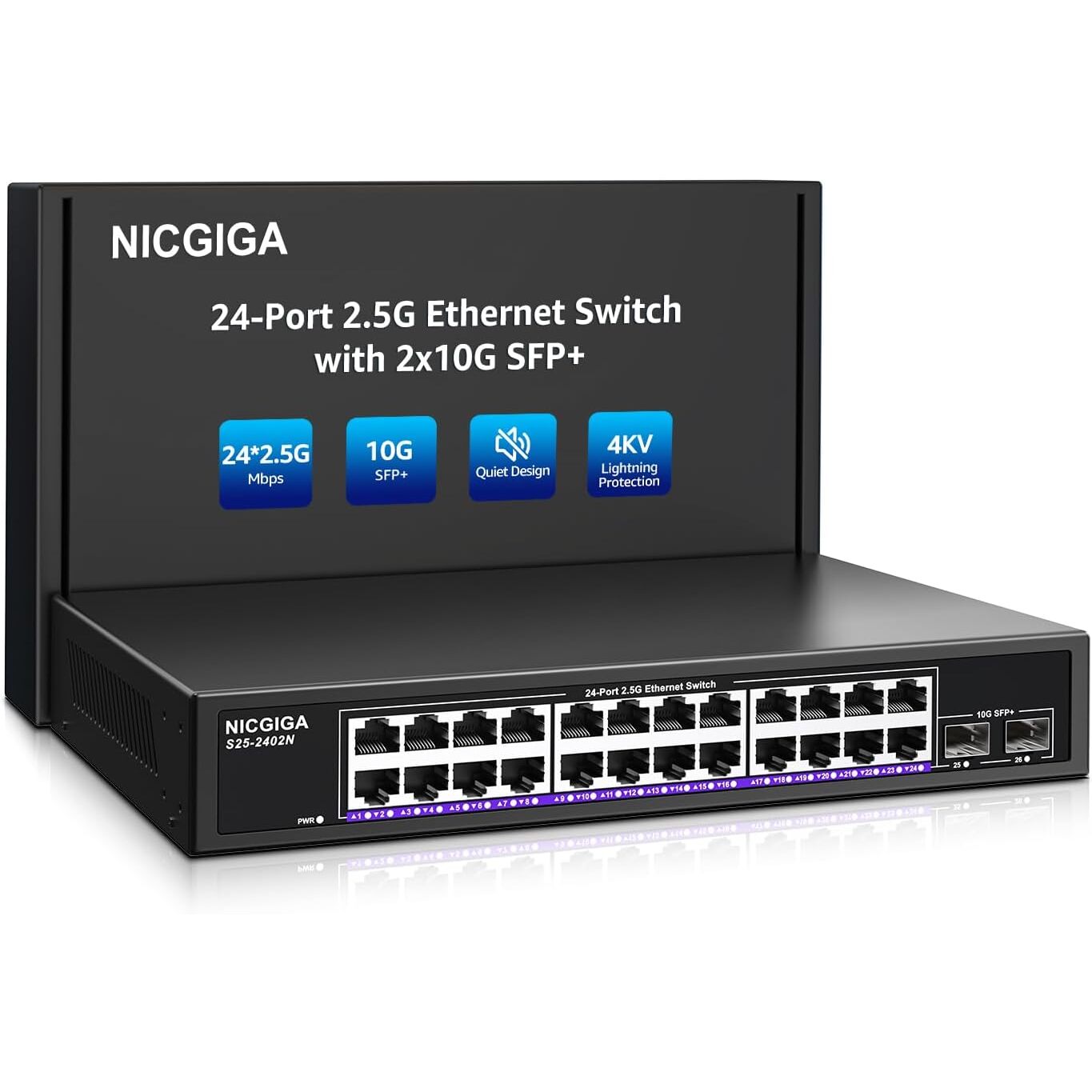NICGIGA S25-2402N Switch 26 Port: 24x 2,5G RJ45 + 2x 10G SFP+, unmanaged, lüfterlos – Ansicht 1 NICGIGA S25-2402N Netzwerk-Switch mit 24 Ports zu 2,5 Gbit/s und zwei SFP+-Steckplätzen im lüfterlosen Metallgehäuse