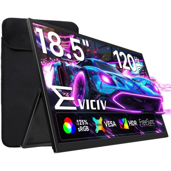 EVICIV tragbarer Monitor mit 18,5 Zoll Full-HD-Display, ausgeklapptem Ständer und gepolsterter Transporthülle