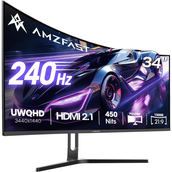 Amzfast AMZG34C5Q Pro 34-Zoll-Ultrawide-Monitor, 1500R gebogen, auf höhenverstellbarem Standfuss