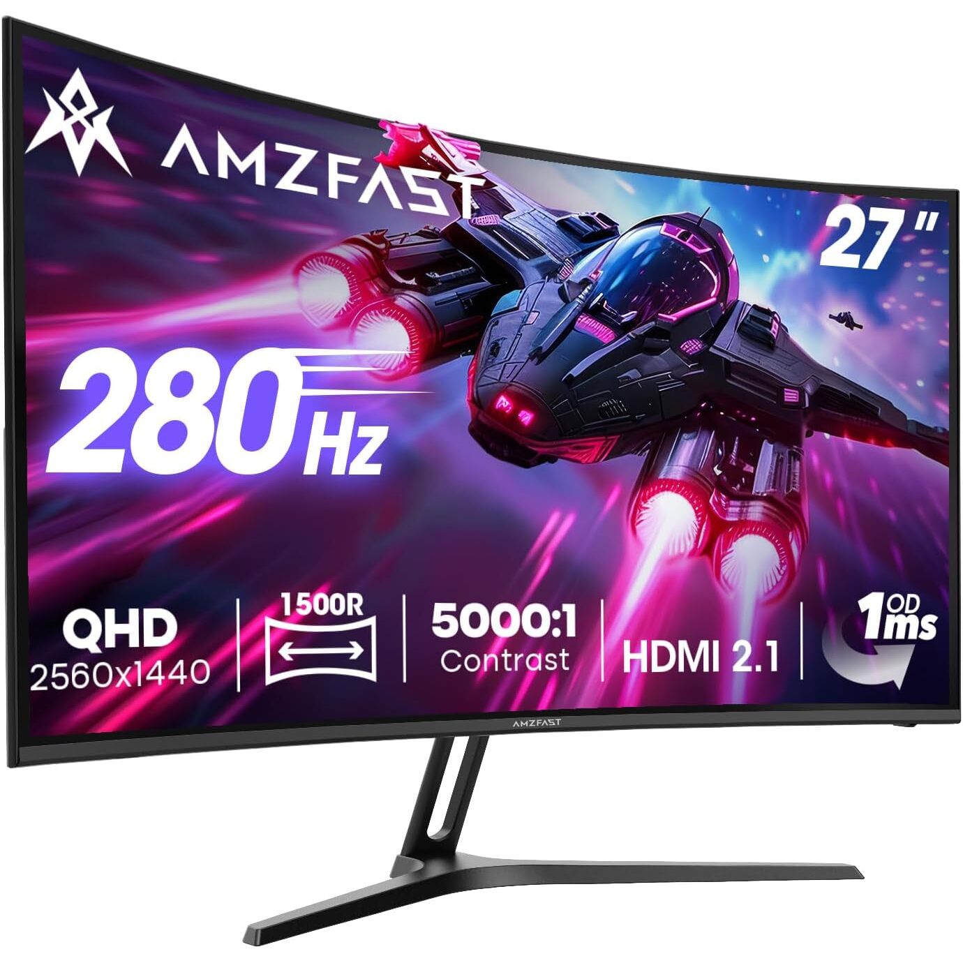 Amzfast AMZG27C1Q Pro 27 Zoll Curved-Monitor WQHD 2560x1440, 280 Hz, 5000:1 – Ansicht 1 Amzfast AMZG27C1Q Pro 27-Zoll-Curved-Monitor mit 1500R Krümmung auf Metallständer