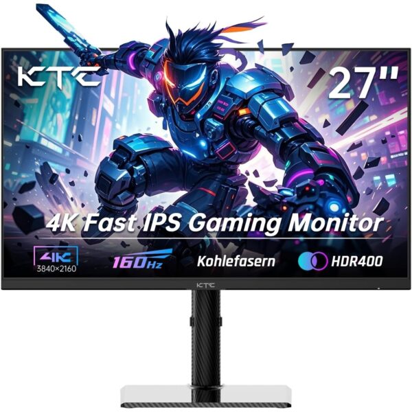 KTC U27T6 27-Zoll-4K-Monitor mit schmalem Rahmen auf Standfuss, Rückseite in Kohlefaseroptik