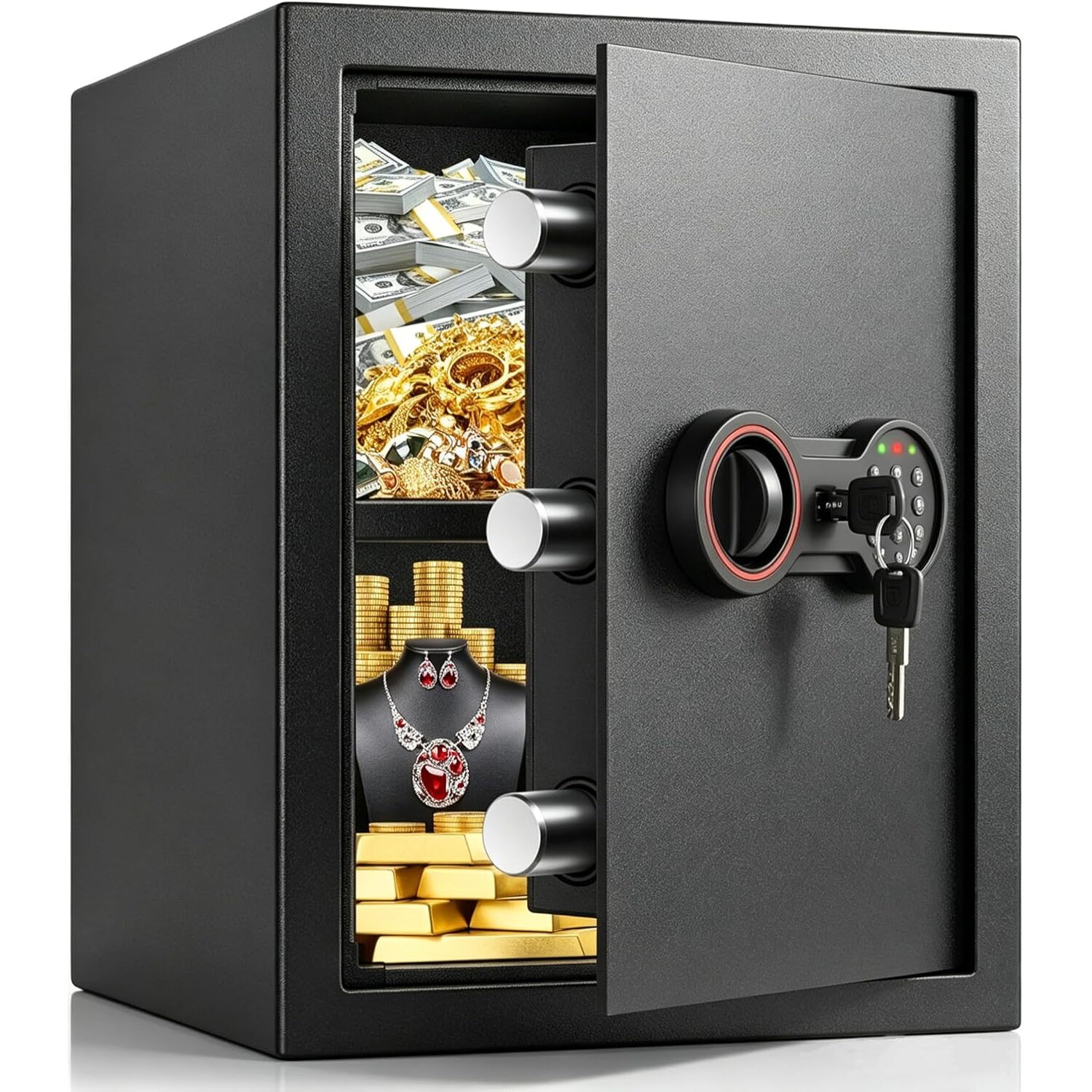 Tiskgg Tresor 50 L mit Zahlenschloss, Notschlüssel und Innenlicht, Stahl, 35 x 33 x 36 cm – Ansicht 1 Schwarzer Tiskgg Möbeltresor mit 50 Liter, elektronisches Zahlenschloss mit Tastatur und Drehknauf, daneben geöffnete Tür mit Einlegeboden