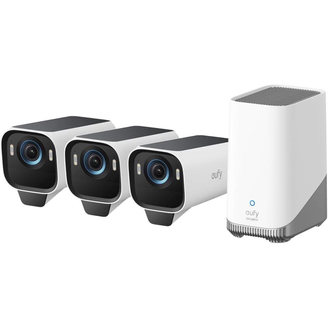 eufyCam S3 Pro 3er-Set – 4K Akku-Überwachungskameras mit Solar und HomeBase S380 – Ansicht 1 eufyCam S3 Pro 4K Akku-Überwachungskamera mit Solarpanel