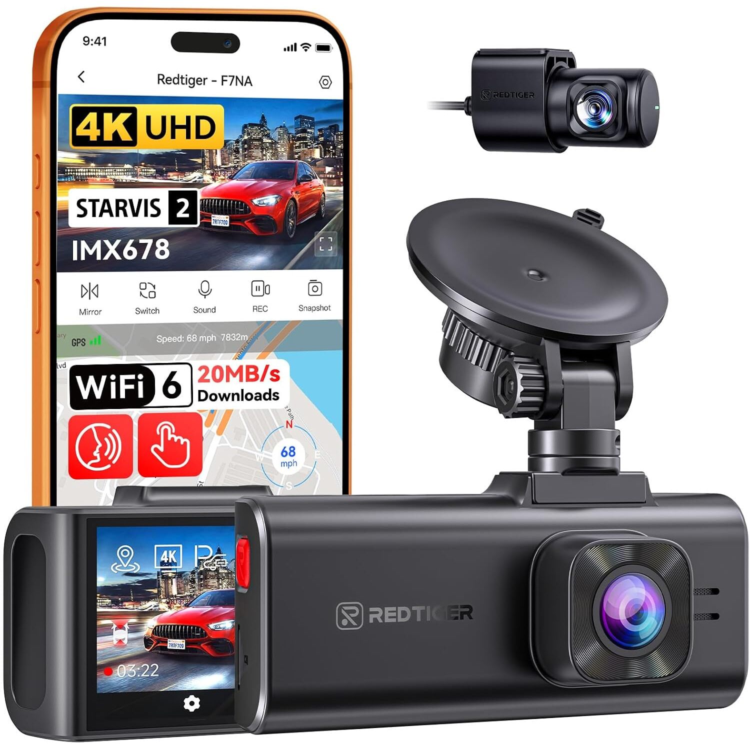REDTIGER F7NA Dashcam 4K mit STARVIS 2 IMX678 – 160° vorne, 140° hinten – Ansicht 1 REDTIGER F7NA Dashcam 4K mit Sony STARVIS 2 IMX678