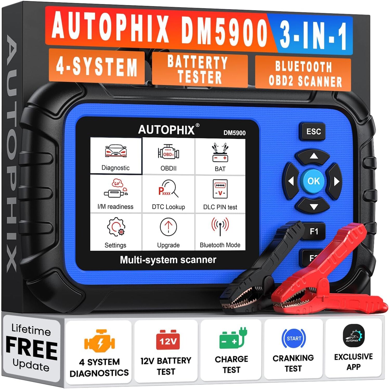 AUTOPHIX DM5900 OBD2-Diagnosegerät mit 12-V-Batterietest – Motor, ABS, SRS, Getriebe – Ansicht 1 AUTOPHIX DM5900 OBD2-Diagnosegerät mit Batterietestklemmen und Farbdisplay