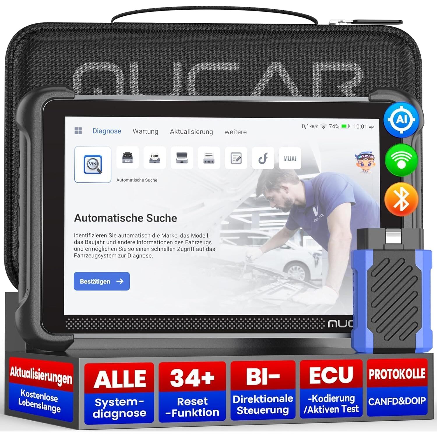 MUCAR 892BT OBD2-Diagnosegerät Bluetooth, Vollsystem, 34 Reset-Funktionen, 8-Zoll-Tablet – Ansicht 1 MUCAR 892BT OBD2-Diagnosegerät mit 8-Zoll-Tablet, Bluetooth-Dongle und Zubehör