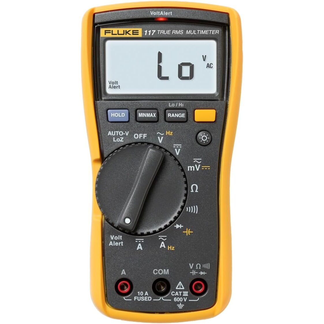 Fluke 117 Digital-Multimeter für Elektriker, echteffektiv, CAT III 600 V, berührungslose Prüfung – Ansicht 1 Fluke 117 Digital-Multimeter in Grau und Gelb mit Messleitungen und Drehschalter für Spannung, Strom und Widerstand