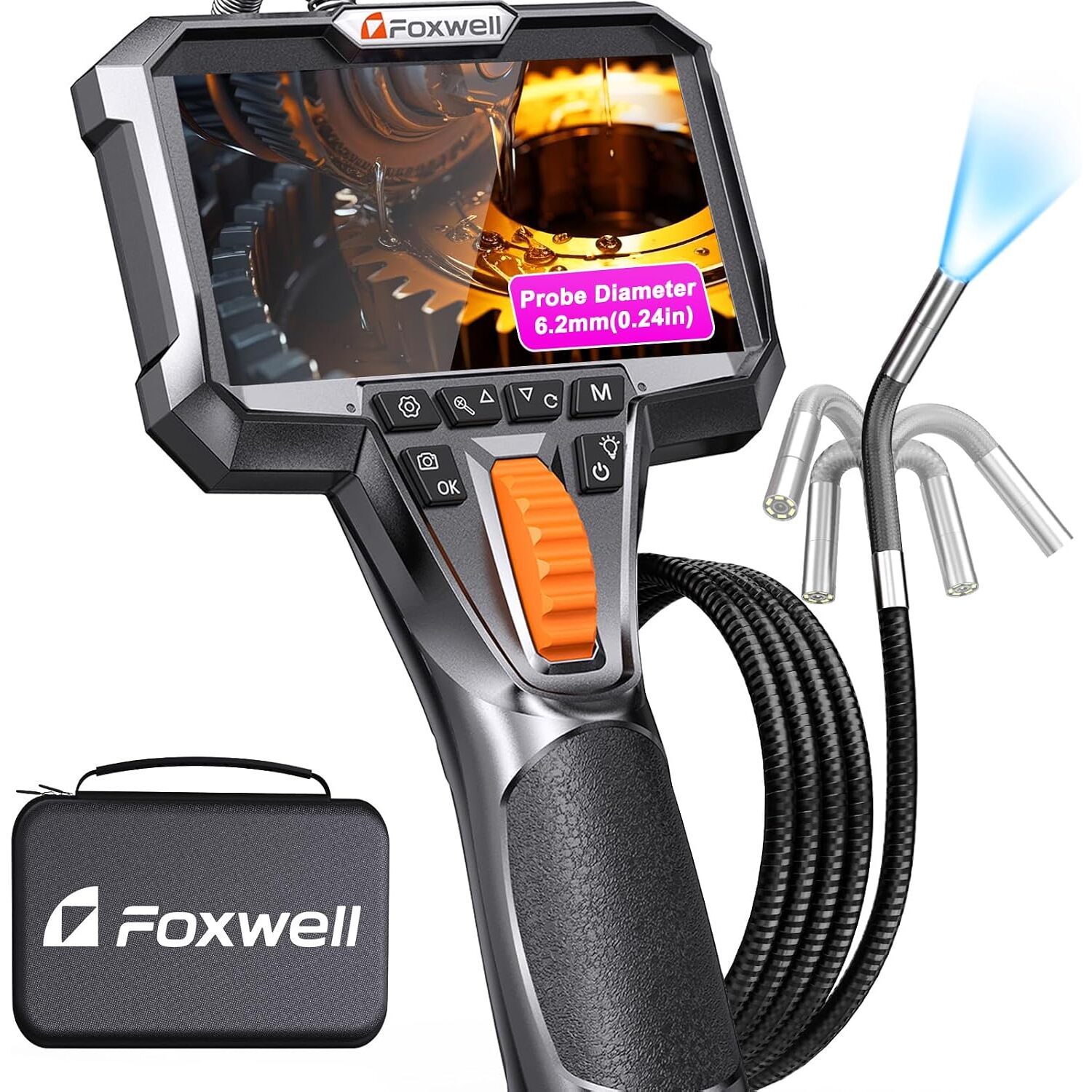 FOXWELL Y400 Endoskopkamera 6,2 mm mit 220 Grad beweglichem Kopf und 4,3-Zoll-Display – Ansicht 1 FOXWELL Y400 Endoskopkamera mit 4,3-Zoll-Display und 6,2-mm-Sonde mit beweglichem Kamerakopf