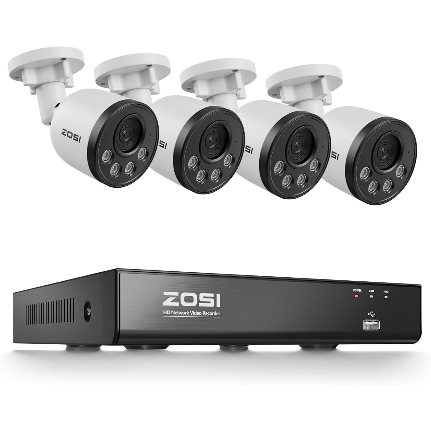 ZOSI C180 4K PoE Überwachungsset mit 8-Kanal-NVR ohne Festplatte und 4 Kameras mit 8 MP – Ansicht 1 ZOSI C180 PoE Überwachungsset mit 8-Kanal-Netzwerkrekorder und vier Aussenkameras mit 8 Megapixel