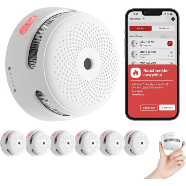 Sechs weisse X-Sense XS01-WX WLAN-Rauchmelder mit runder Testtaste in der Mitte