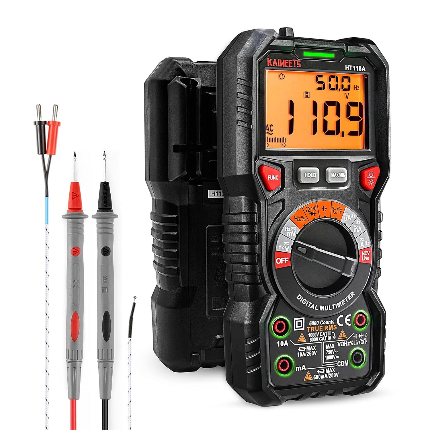 KAIWEETS HT118A Digital-Multimeter, True RMS, 6000 Counts, Auto-Range, NCV und Temperatur – Ansicht 1 KAIWEETS HT118A Digital-Multimeter mit Messleitungen und beleuchteten Messbuchsen