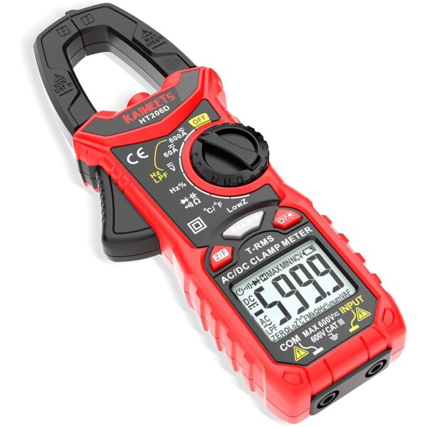 KAIWEETS HT206D Stromzange in Rot mit geöffneter Messzange und beleuchtetem Display