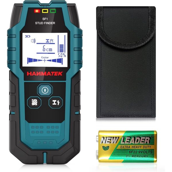 HANMATEK SF1 Wandscanner in Blaugrün und Schwarz mit LCD-Anzeige an einer Wand