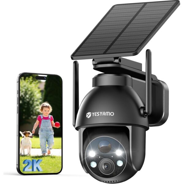 Schwarze YESYAMO ZS-GX8S Solar-Überwachungskamera mit schwenkbarem Kopf und Solarpanel