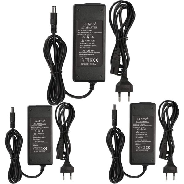ledmo Netzteil 12 Volt 5 Ampere mit 60 Watt, drei Stück im Set mit Anschlusskabel