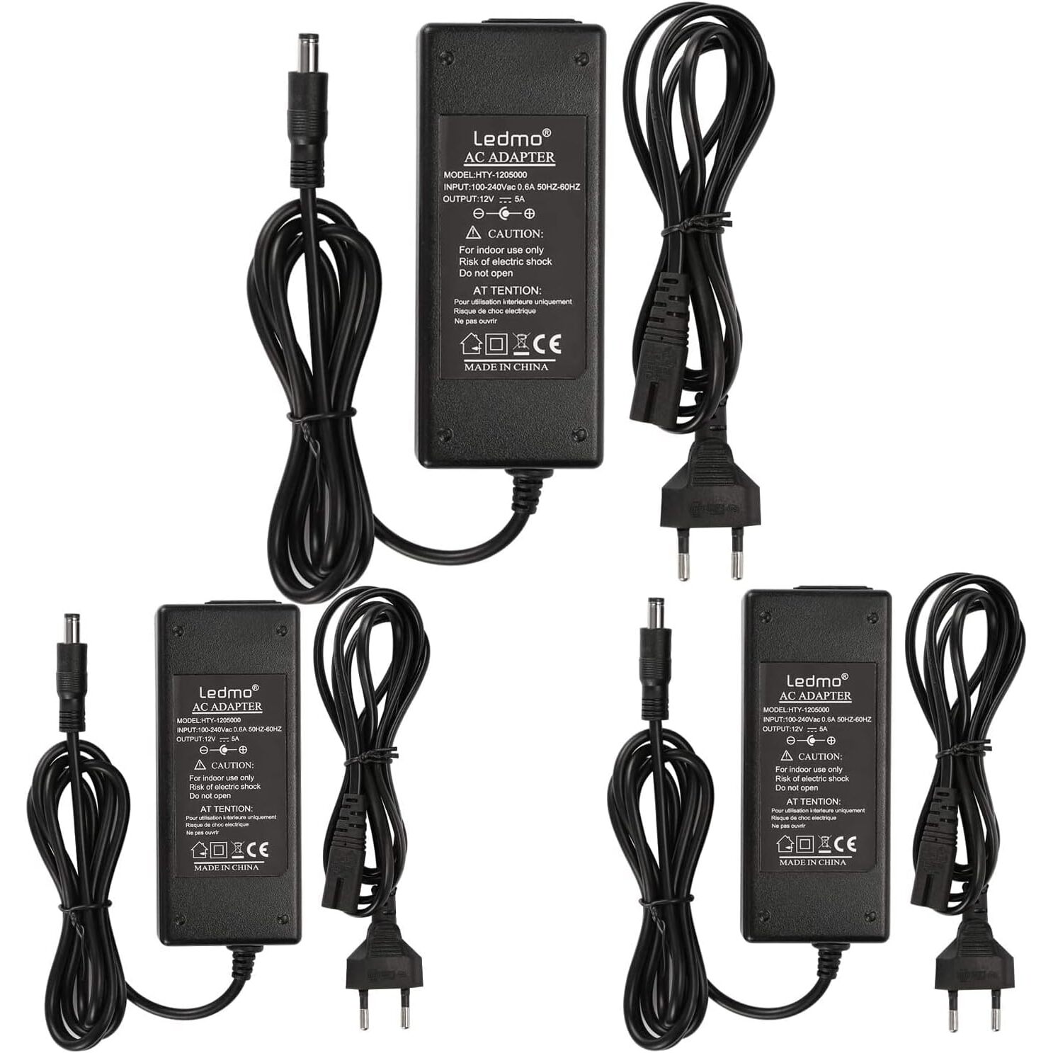ledmo 12V 5A Netzteil 60W im 3er-Set, AC 100-240V auf DC 12V, 2,7 m Gesamtlänge – Ansicht 1 ledmo Netzteil 12 Volt 5 Ampere mit 60 Watt, drei Stück im Set mit Anschlusskabel
