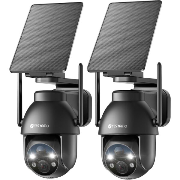 Zwei graue YESYAMO C8TB Solar-Überwachungskameras mit schwenkbarem Kopf und Solarpanel