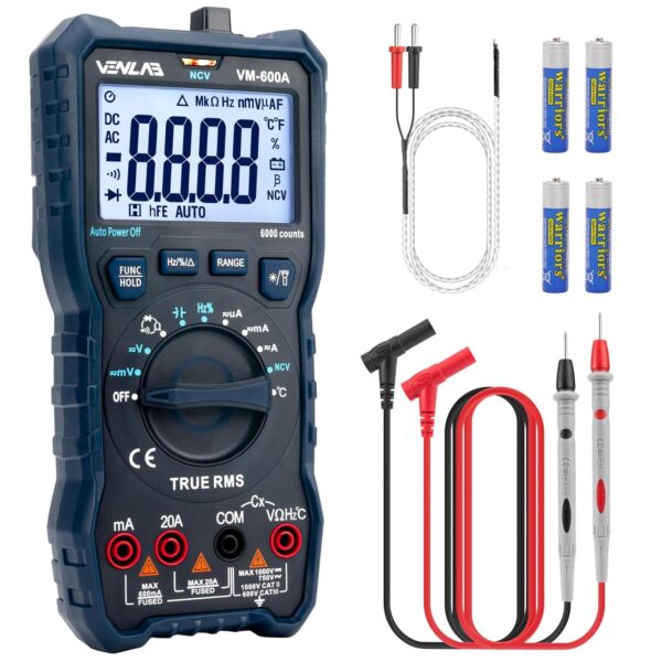 VENLAB VM600A Digital-Multimeter in Blau mit Messleitungen, Thermoelement und faltbarem Ständer