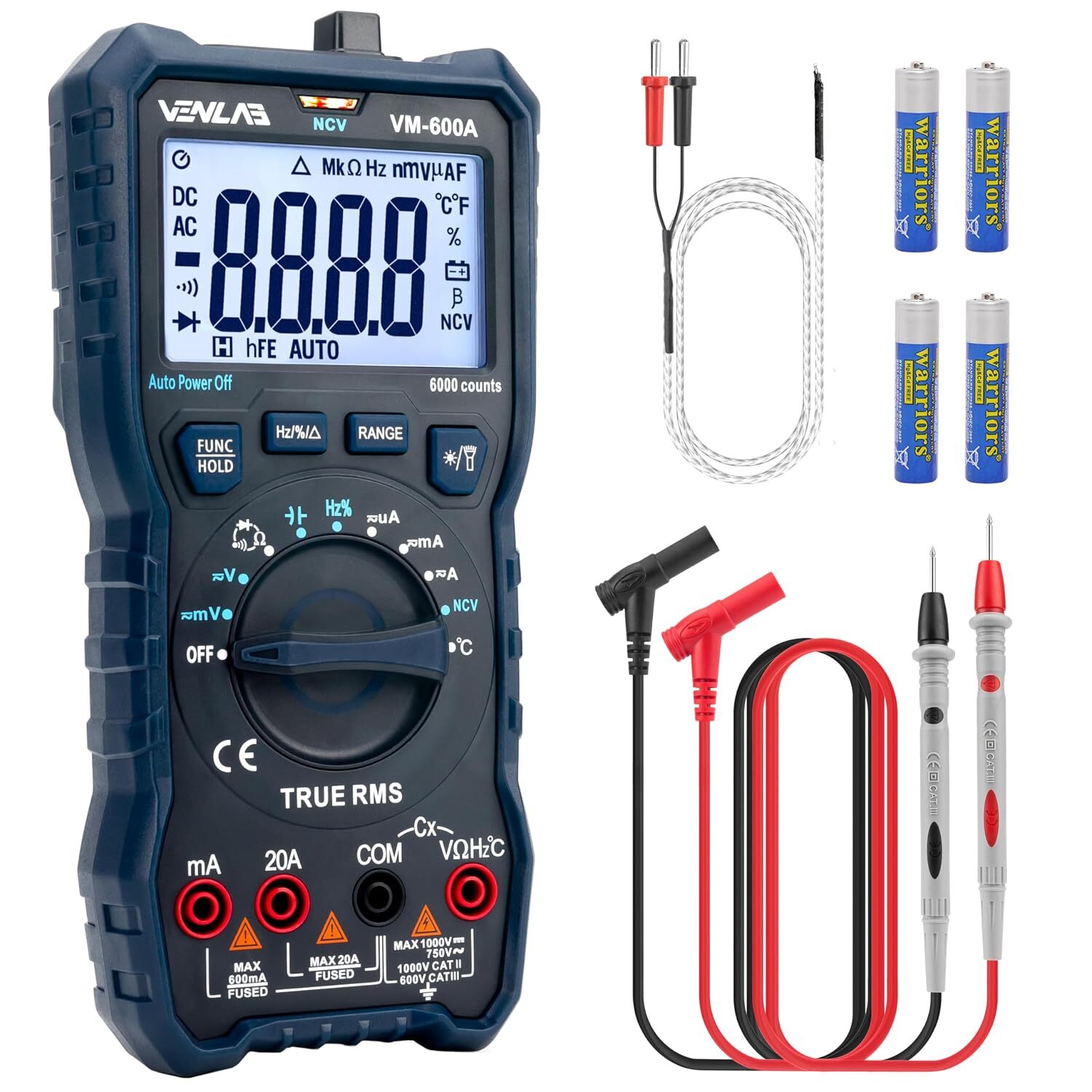 VENLAB VM600A Digital-Multimeter, True RMS, 6000 Counts, CAT III 600 V – Ansicht 1 VENLAB VM600A Digital-Multimeter in Blau mit Messleitungen, Thermoelement und faltbarem Ständer
