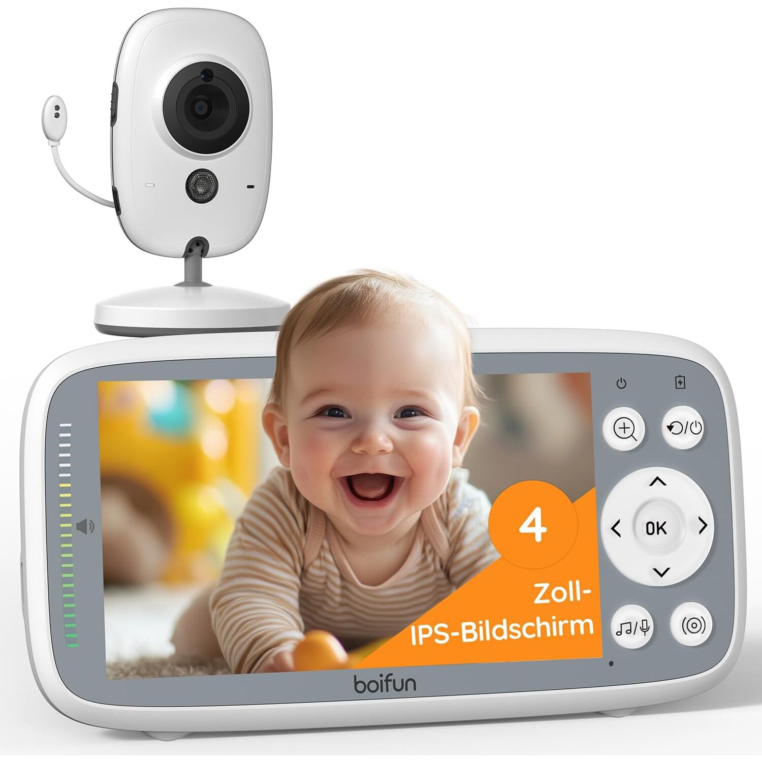 BOIFUN VB616 Babyphone mit Kamera ohne WLAN, 4-Zoll-Monitor, Nachtsicht, Gegensprechen – Ansicht 1 BOIFUN VB616 Babyphone in Weiss mit Kamera und 4-Zoll-Monitor