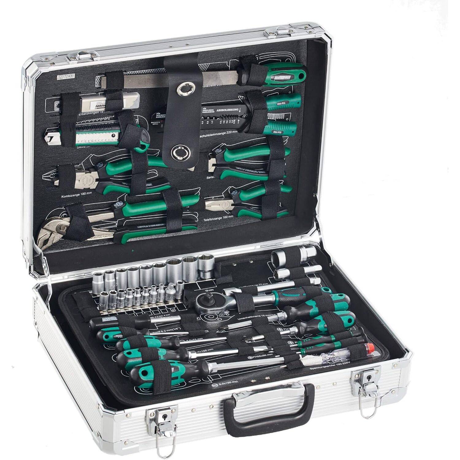 Brüder Mannesmann M29075 Werkzeugkoffer 108-teilig, Aluminium, Chrom-Vanadium – Ansicht 1 Brüder Mannesmann M29075 Alu-Werkzeugkoffer geöffnet mit 108 Handwerkzeugen in drei Lagen