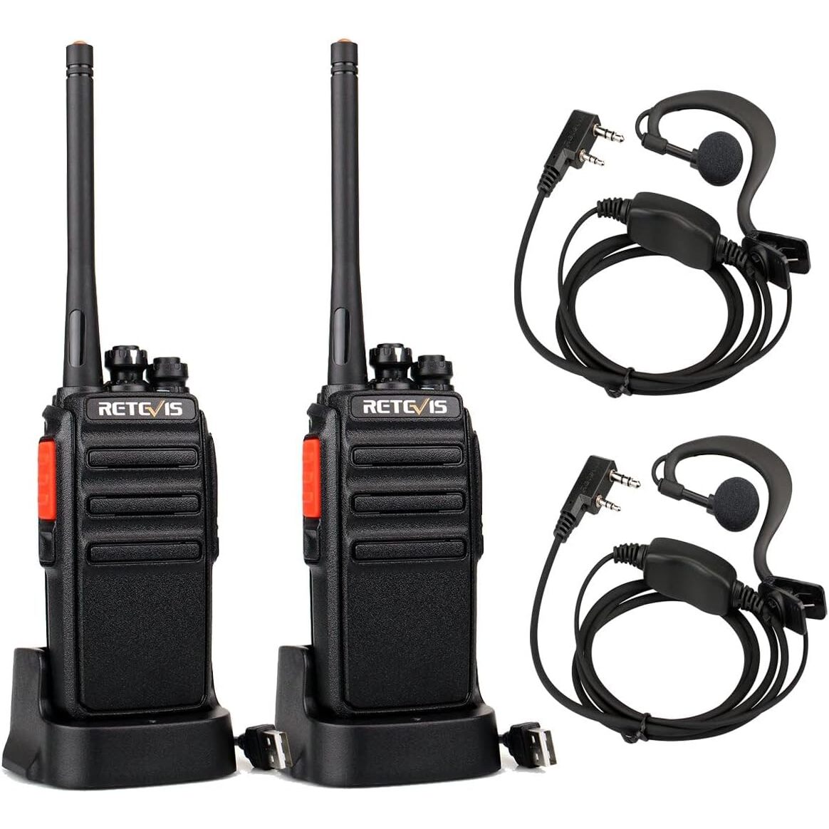 Retevis RT24 PMR446-Funkgeräte, 2er-Set mit Headsets, Akkus und USB-Ladeschalen, 16 Kanäle – Ansicht 1 Retevis RT24 Funkgerätepaar in Schwarz mit Ohrhörern, Akkus und USB-Ladeschalen