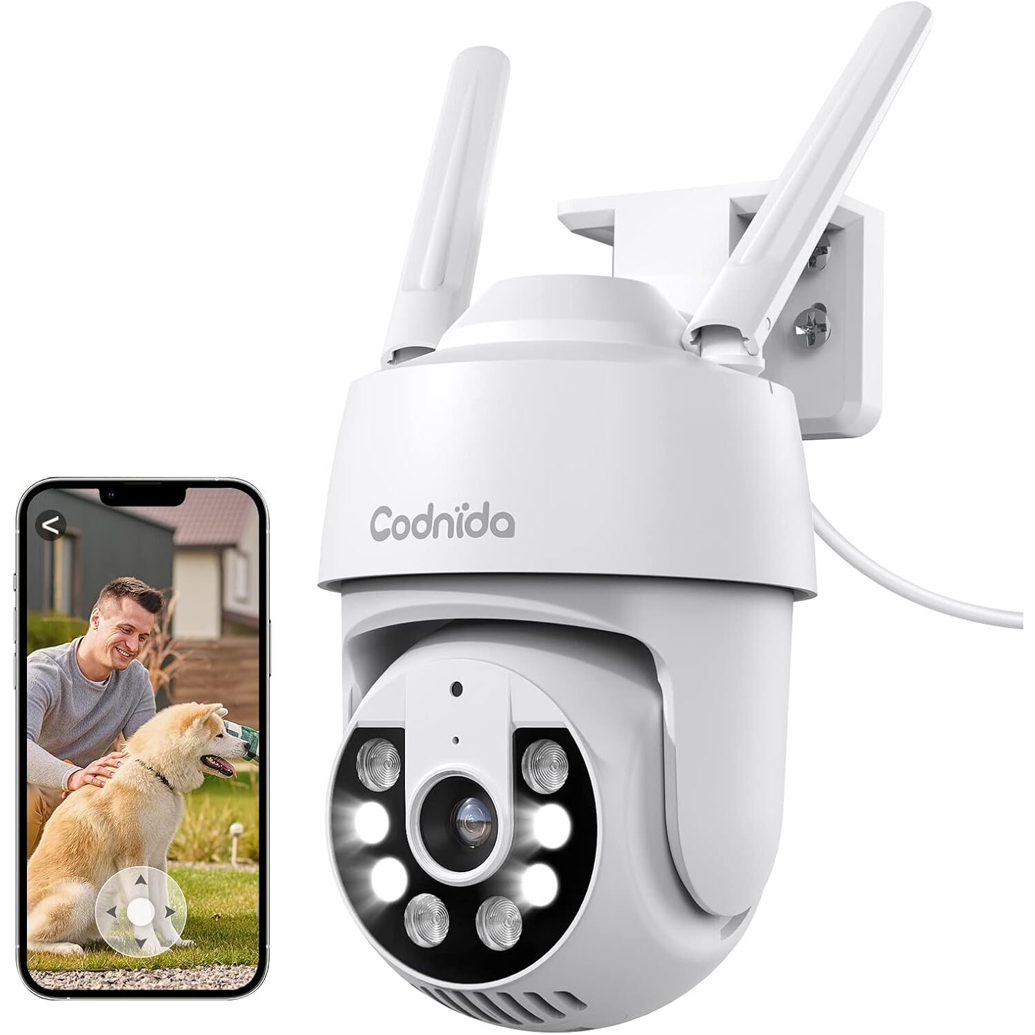 Codnida 2K WLAN Aussenkamera schwenkbar mit Scheinwerfer, Sirene und Personenverfolgung – Ansicht 1 Codnida 2K WLAN Aussenkamera in Weiss, schwenkbar, mit Scheinwerfer und Sirene