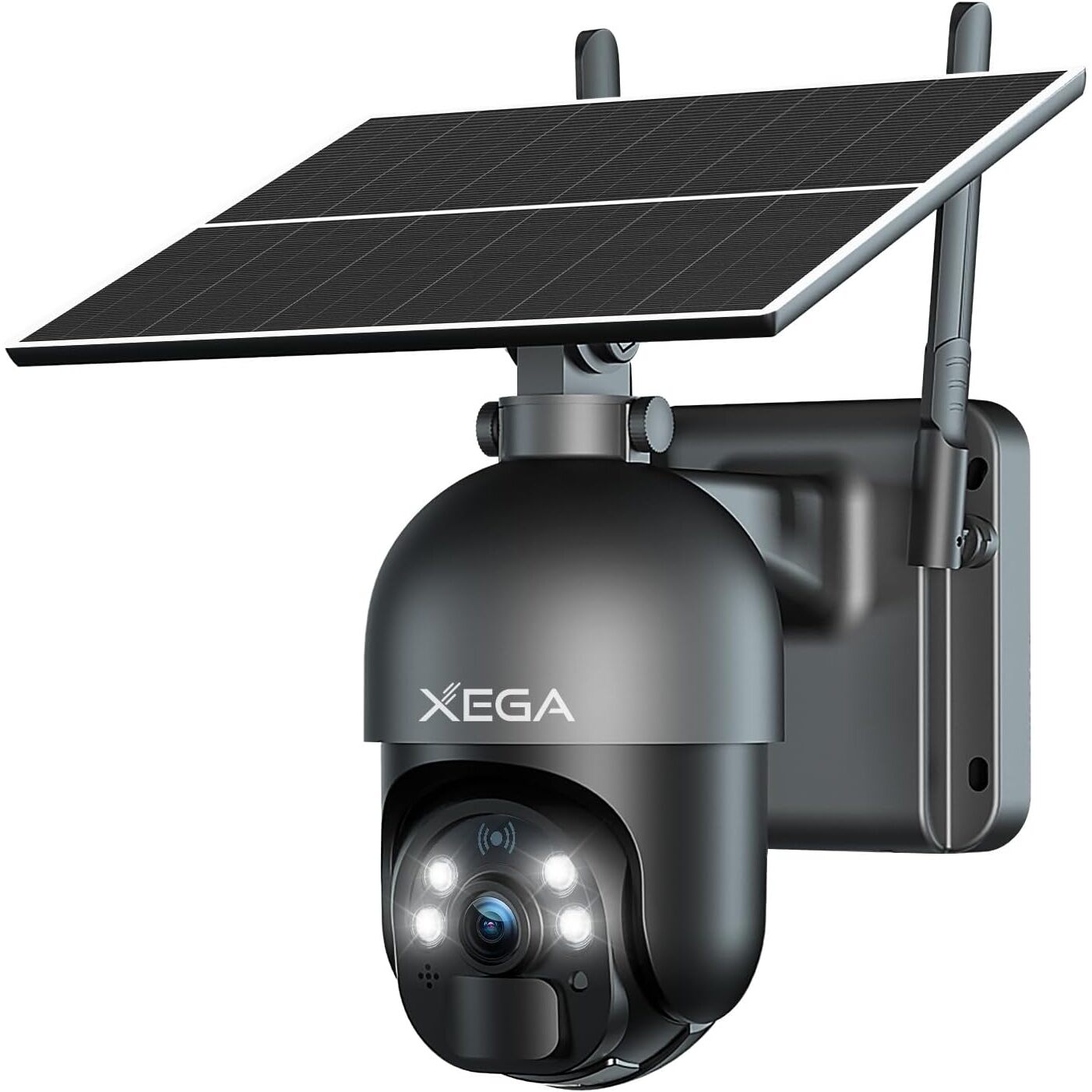 Xega S20 4G-Überwachungskamera mit SIM-Karte, Solarpanel, Akku, 2K, Schwenken und Neigen – Ansicht 1 Xega S20 Überwachungskamera mit Solarpanel und schwenkbarem Kopf an einer Hauswand