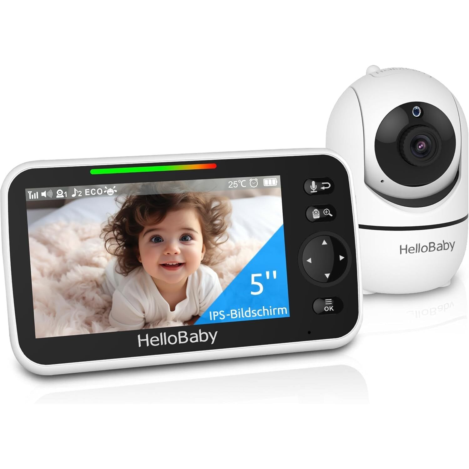 HelloBaby HB6550 Babyphone mit Kamera, 5 Zoll IPS, ohne WLAN, 355 Grad schwenkbar – Ansicht 1 HelloBaby HB6550 Babyphone mit 5-Zoll-Monitor und schwenkbarer Kamera mit Infrarot-Nachtsicht
