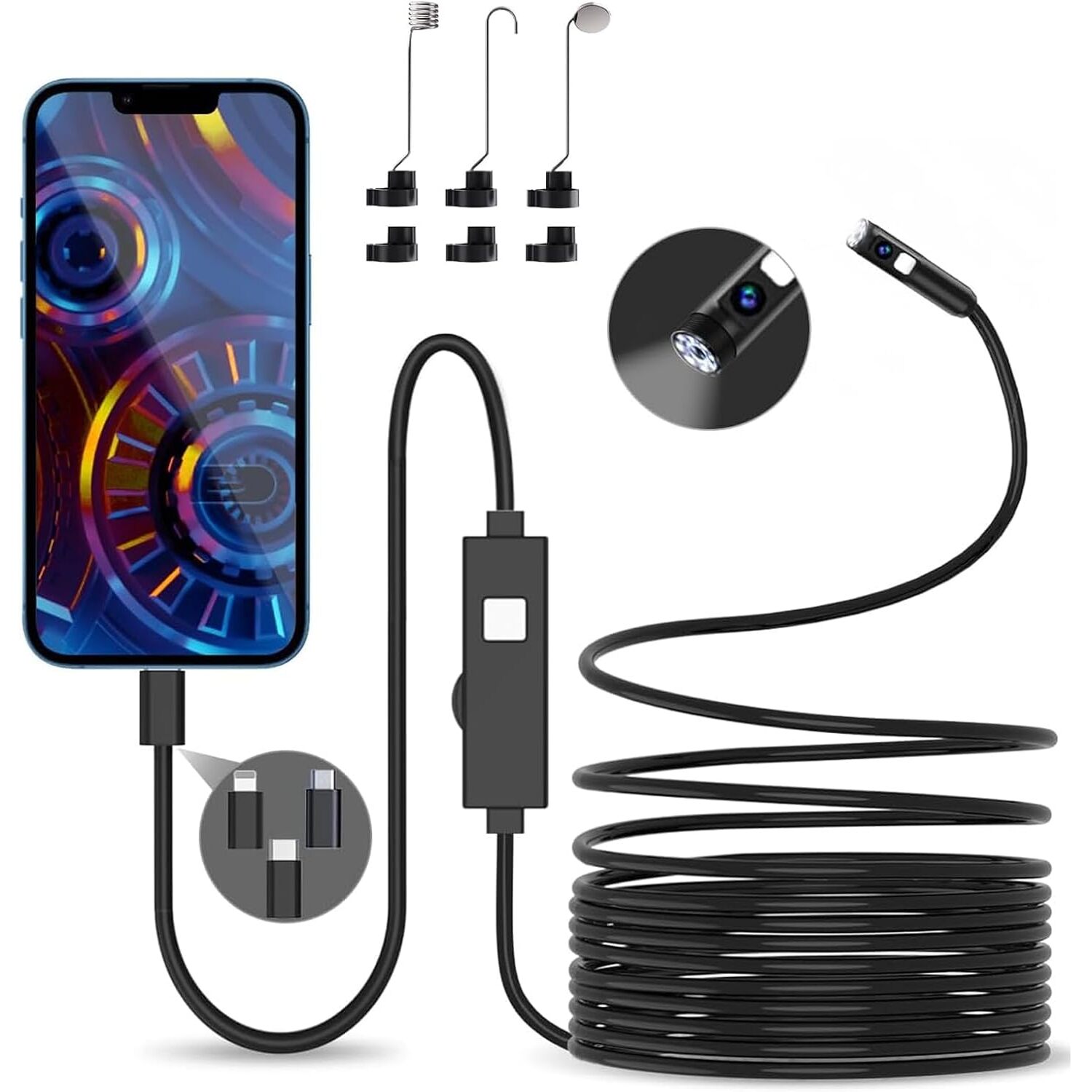 AOPICK Endoskopkamera W400-B mit Doppellinse, 1080p, 5 m halbstarres Kabel, 8+1 LEDs, IP67 – Ansicht 1 Endoskopkamera W400-B mit Doppellinse und LED-Beleuchtung am 5 m langen halbstarren Kabel