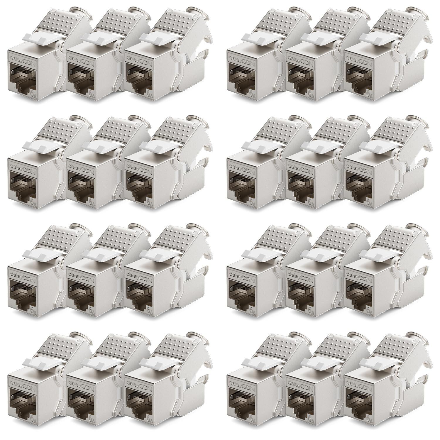 deleyCON Keystone Modul CAT 6a STP, RJ45 auf LSA, werkzeugfrei, 10 Gbit/s, 24 Stück – Ansicht 1 deleyCON Keystone Modul CAT 6a STP mit RJ45-Buchse und geöffneter LSA-Klemmleiste