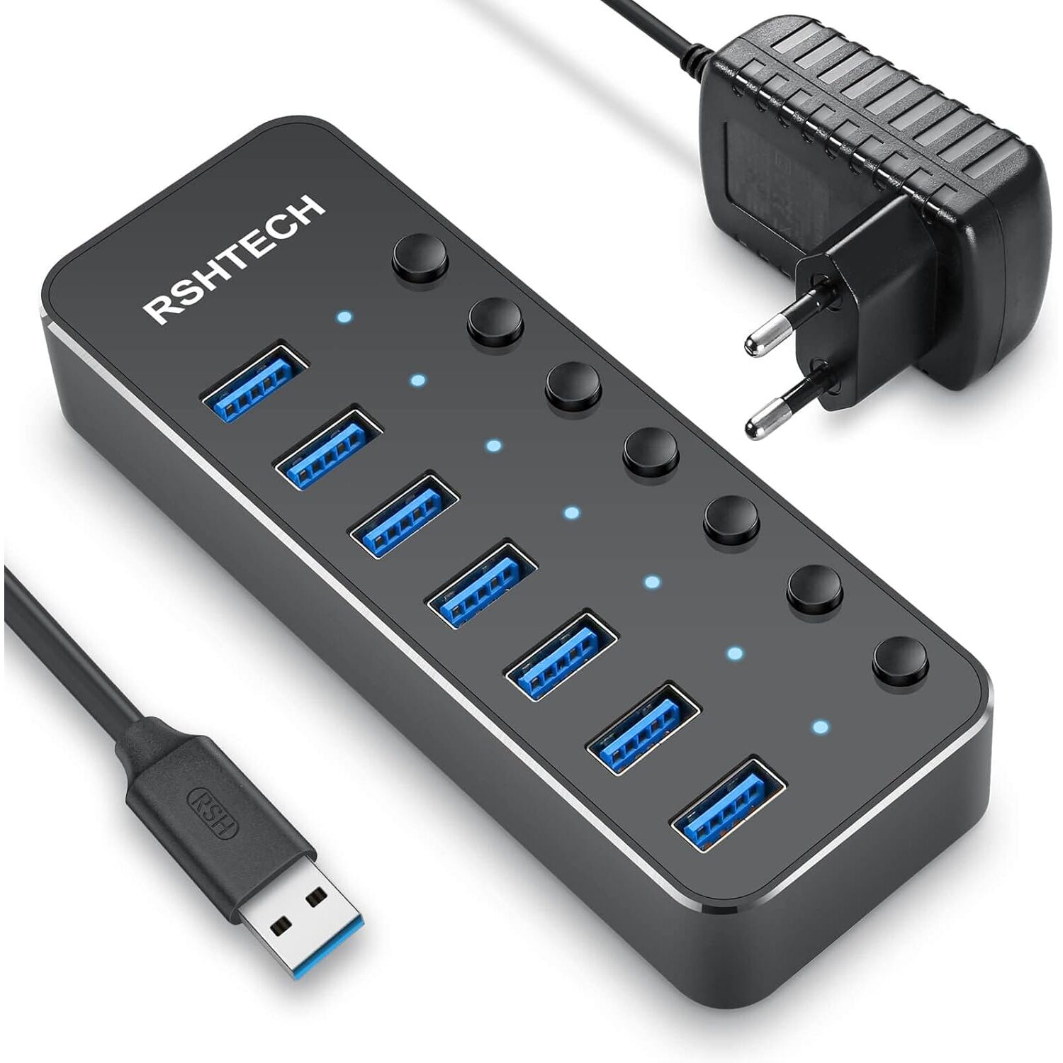 RSHTECH RSH-518 USB-3.0-Hub mit 7 Ports, Netzteil und Einzelschaltern – Ansicht 1 RSHTECH RSH-518 USB-3.0-Hub mit sieben Ports, Einzelschaltern und Netzteil