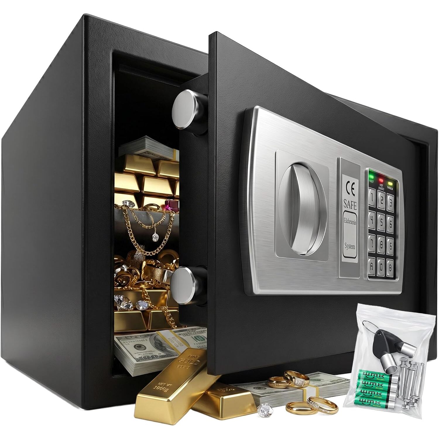 KESSER Elektronischer Möbeltresor 31 x 20 x 20 cm, Zahlencode und Notschlüssel, Schwarz – Ansicht 1 KESSER Möbeltresor 31 x 20 x 20 cm in Schwarz mit elektronischem Zahlenschloss und LED-Anzeige