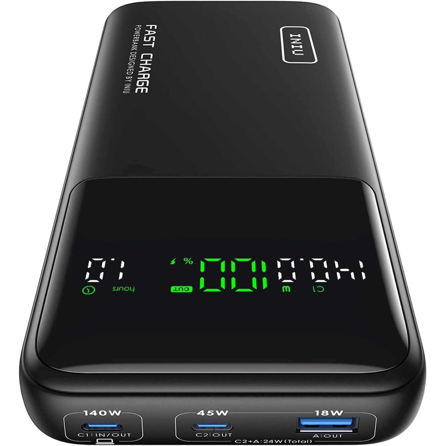 INIU BI-B64 Powerbank 27000 mAh mit 140 W USB-C und Display – Ansicht 1 INIU BI-B64 Powerbank mit Digitalanzeige und drei Anschlüssen