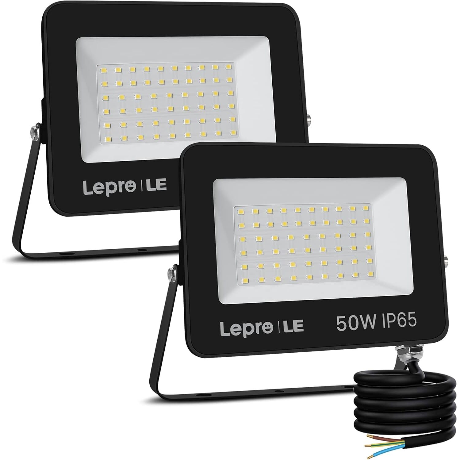 Lepro LED Strahler 50 W, 4250 lm, 5000 K, IP65, 2er-Set – Ansicht 1 Lepro LED Strahler 50 W mit Aluminiumgehäuse, gehärtetem Glas und drehbarem Montagebügel