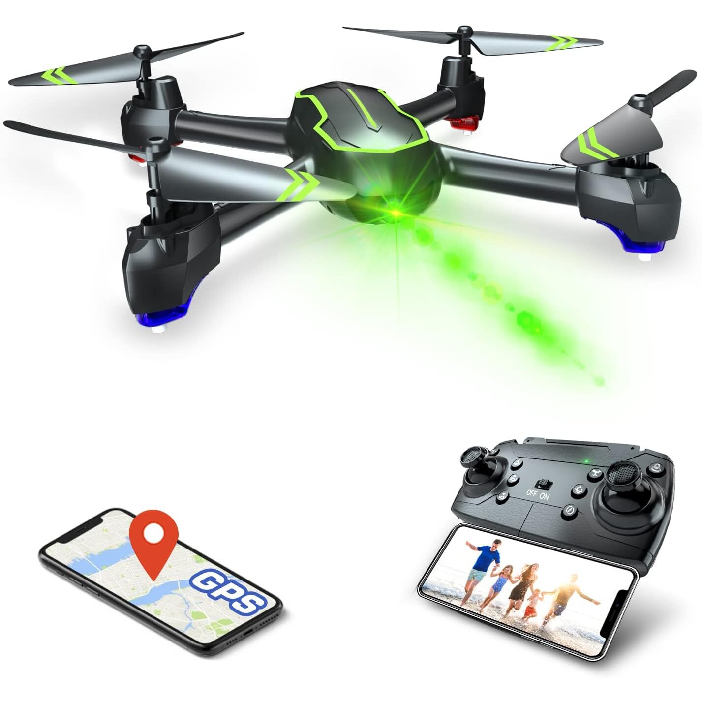 Loolinn LM01 GPS-Drohne mit 1080p-Kamera, 2 Akkus, automatische Rückkehr, unter 250 g – Ansicht 1 Loolinn LM01 GPS-Drohne in Grün mit Fernbedienung, zwei Akkus und montiertem Propellerschutz
