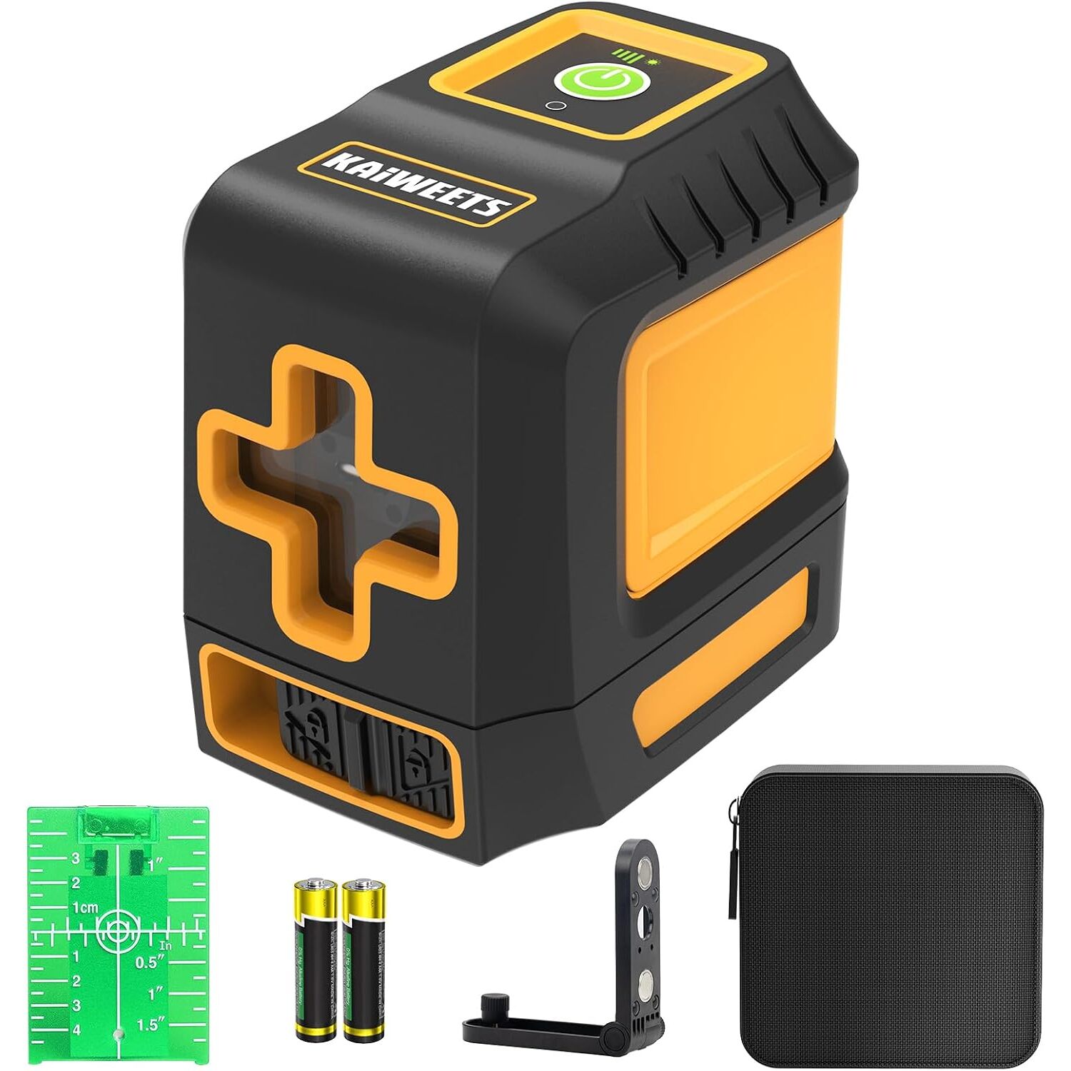 KAIWEETS T40 Kreuzlinienlaser grün, selbstnivellierend ±4°, ±0,3 mm/m, IP54 – Ansicht 1 KAIWEETS T40 Kreuzlinienlaser mit grüner Kreuzlinie, klappbarem L-Halter und Magnetfuss
