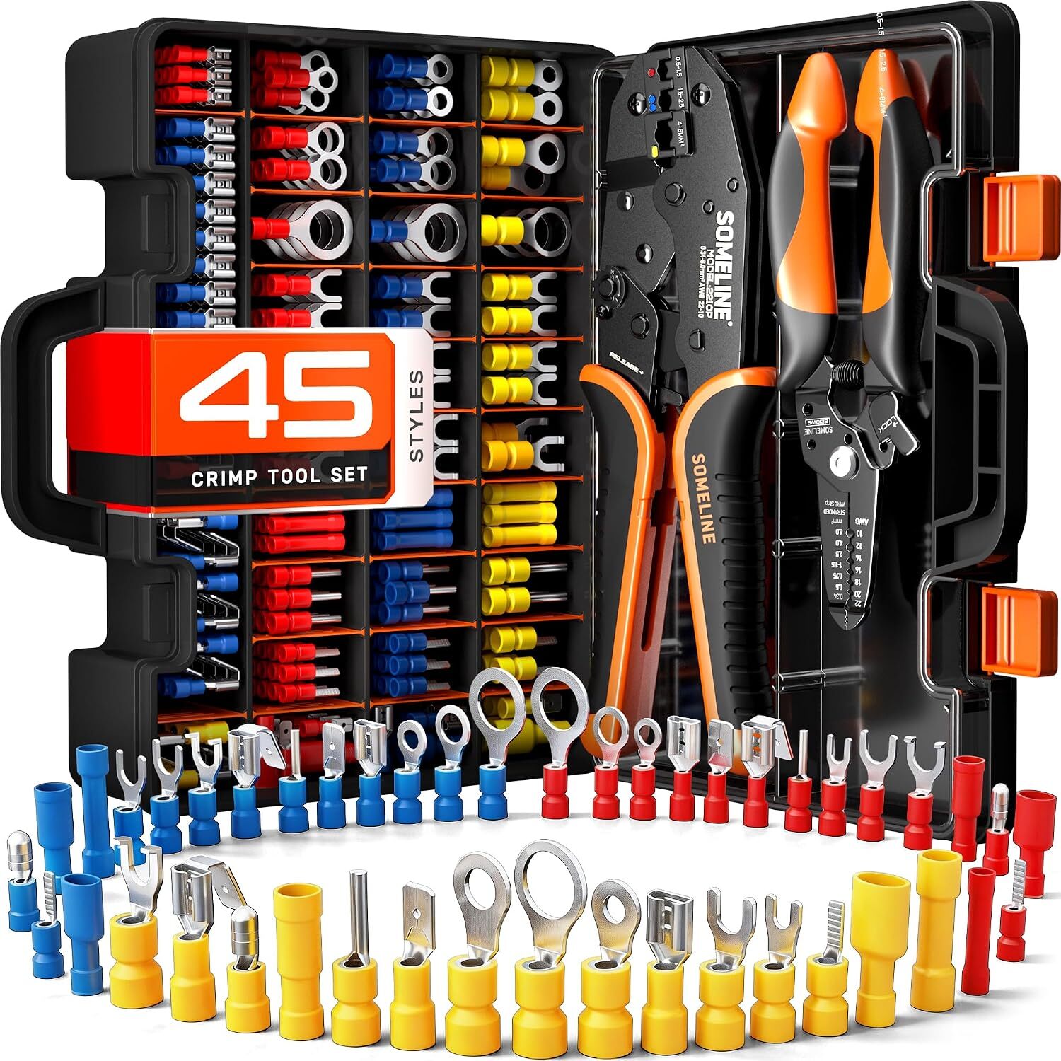 SOMELINE Crimpzangen-Set mit Abisolierzange und 45 Kabelschuh-Typen, 0,34 bis 6 mm² – Ansicht 1 SOMELINE Crimpzange mit Ratsche, Abisolierzange und sortierten Kabelschuhen in der geöffneten Box