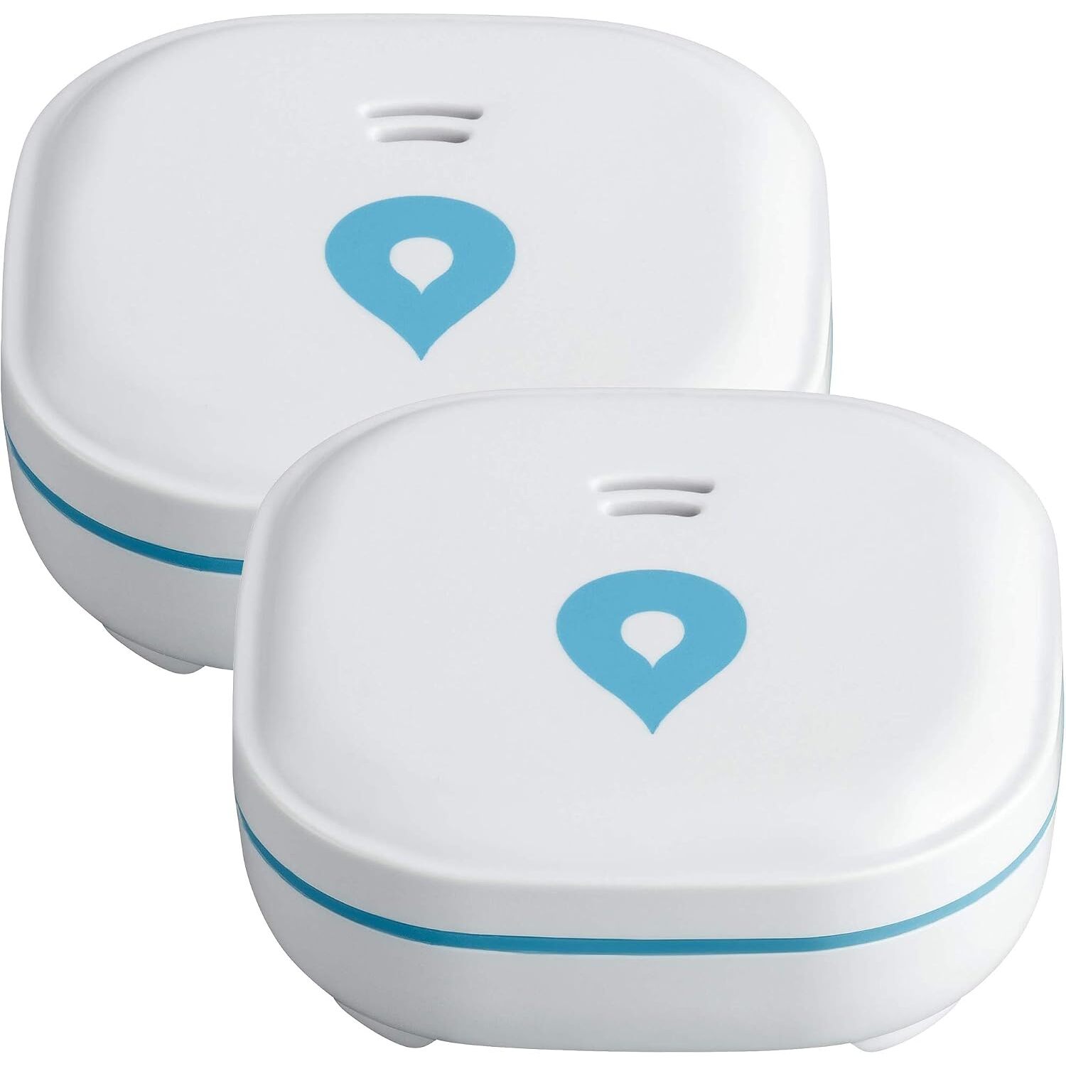 SEBSON GS153 Wassermelder 2er Set, 85 dB Alarm, fest verbaute 10-Jahres-Batterie – Ansicht 1 SEBSON GS153 Wassermelder im 2er Set, weisses quadratisches Gehäuse mit Kontaktfüssen zum Aufstellen auf dem Boden